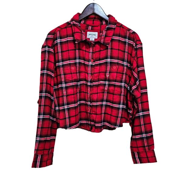 American Eagle Crop Flannel Button Down Red Plaid Top Size L - Picture 3 of 8